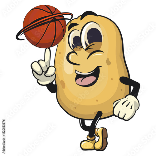 cute cartoon potato mascot vector spin the basketball with the index finger, happy smiling character isolated on transparent background, work of hand drawn