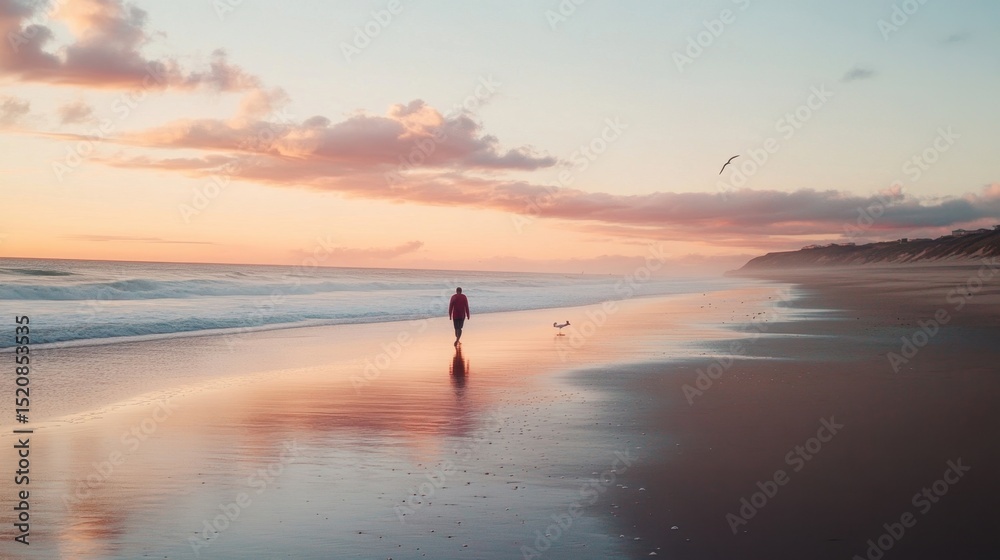 Fototapeta premium A person walks on a serene beach at sunset, waves softly lapping at the shore. Their dog happily accompanies them on this tranquil evening.
