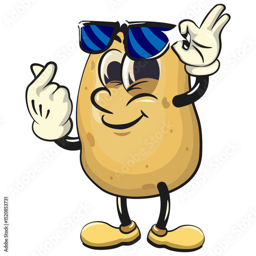 cute cartoon potato mascot vector opening his sunglasses a little while giving a love sign, happy smiling character isolated on transparent background, work of hand drawn