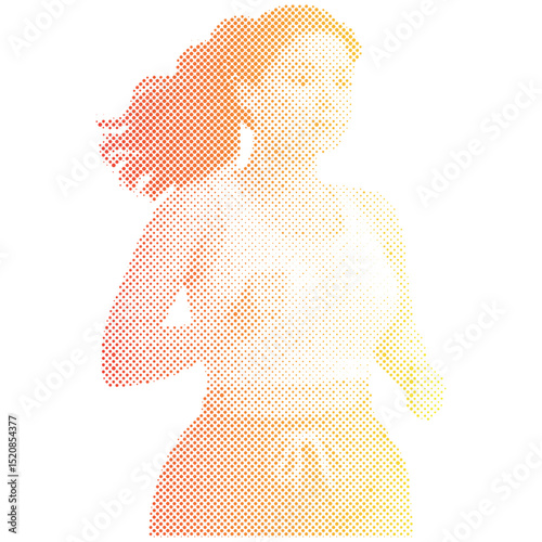 Halftone dots pattern of an overweight woman boxing exercises workout