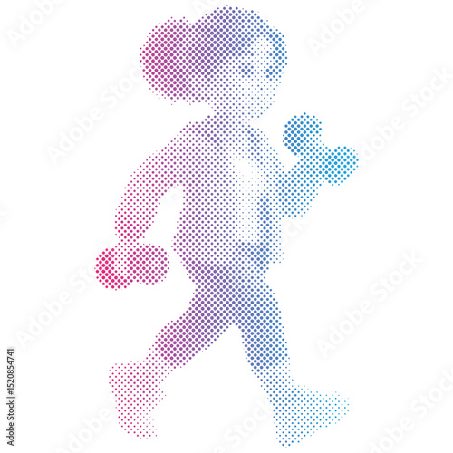 Halftone dots pattern of an overweight woman boxing exercises workout