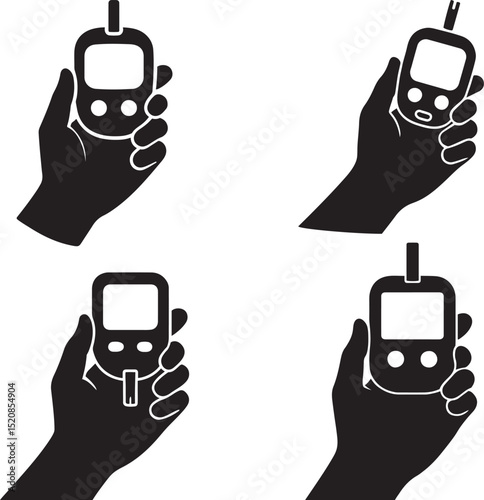 Hand holding glucose meter in various testing positions flat black silhouette vector design bundle illustration
