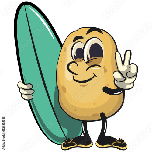 cute cartoon potato mascot vector with surfboard and gave a peace sign, happy smiling character isolated on transparent background, work of hand drawn
