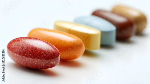 a row of colorful pills, representing health and wellness. The pills are lined up, creating a visual display of medicine