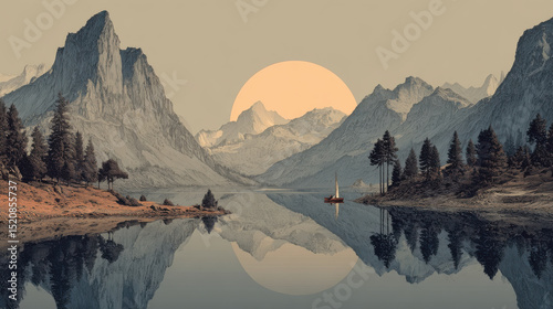 Serene landscape featuring mountains and lake, with sailboat gently floating on water, surrounded by trees and large sun setting in background. scene evokes tranquility and natural beauty
