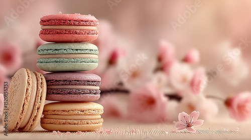 Delicate macaron tower in soft tones, surrounded by cherry blossoms, evokes sense of sweetness and elegance, perfect for branding or dessert displays