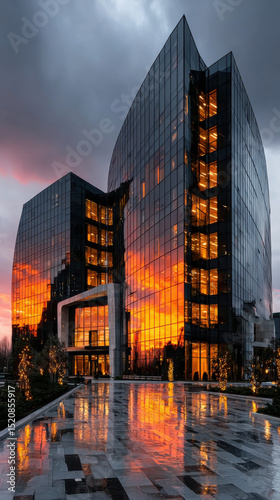 Modern glass building with panoramic view reflecting vibrant sunset colors. sleek architecture showcases stunning design, creating captivating urban landscape