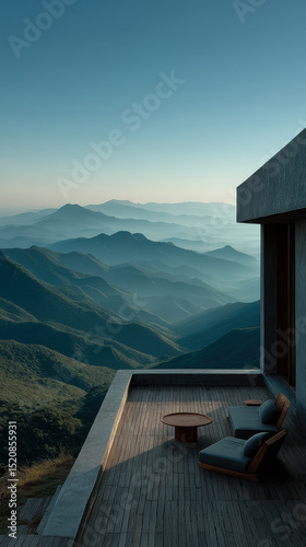 Serene minimalist yoga deck overlooks misty mountain range, creating tranquil atmosphere perfect for relaxation and meditation. soft hues of landscape enhance peaceful vibe