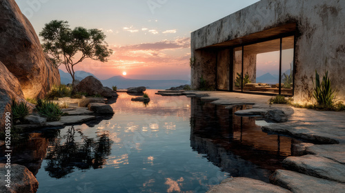 Modern villa is beautifully situated by tranquil pool, surrounded by large rocks and lush greenery, reflecting stunning sunset over mountains. serene atmosphere evokes sense of peace and harmony