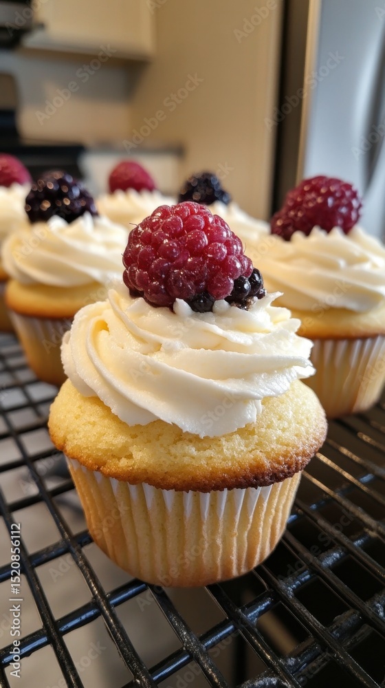 Delicious vanilla cupcakes with berry toppings on cooling rack Delicious vanilla cupcakes with berry toppings on cooling rack