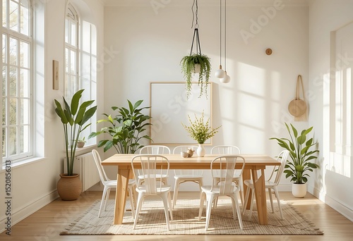 Scandi-inspired dining area with a blond wood table, white wishbone chairs, hanging plants, and warm soft morning light flowing through tall windows.