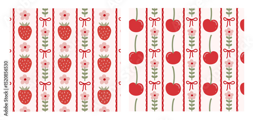 Set of two Vintage seamless fruit stripe patterns with strawberries, cherries, bows, and flowers. Playful kawaii aesthetic, ideal for textiles, gift wrap, and nursery designs.