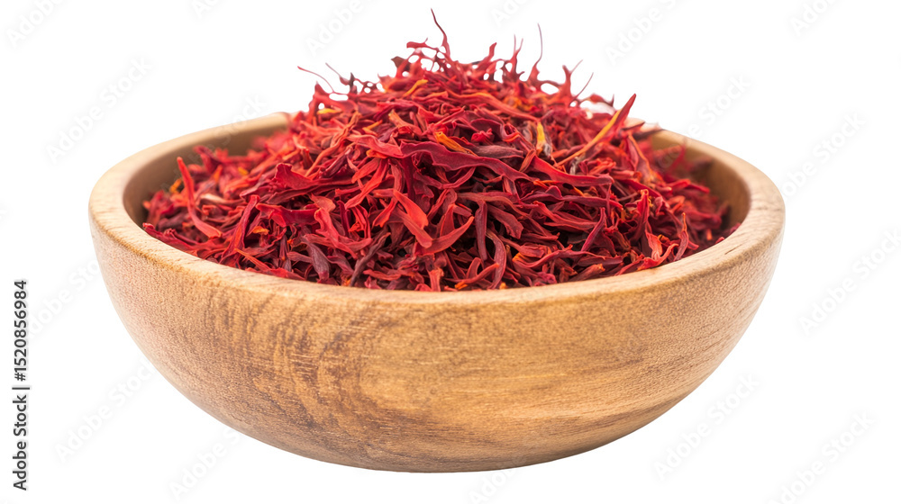 Fototapeta premium saffron thread in the wooden plate, isolated on the white background.