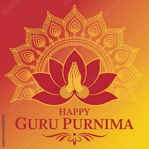 Guru purnima mandala art featuring golden hands in namaste gesture, bright lotus and ornamental petals, ideal for celebrating hindu spiritual day, meditation, teacher worship and divine tribute