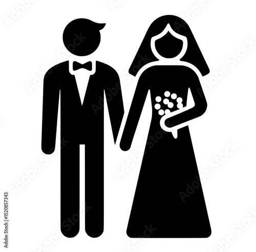 Bride and Groom Wedding Icon Silhouette, Black and white wedding icon featuring a bride in a dress with veil and bouquet, and a groom in a tuxedo holding hands.

