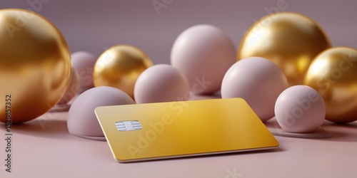 A gold colored credit card is sitting on a table next to a bunch of gold colored balls. The image has a luxurious and elegant feel to it, with the gold color scheme