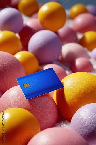 A blue credit card is placed on top of a pile of colorful balls. Concept of playfulness and whimsy, as the card stands out against the vibrant colors of the balls