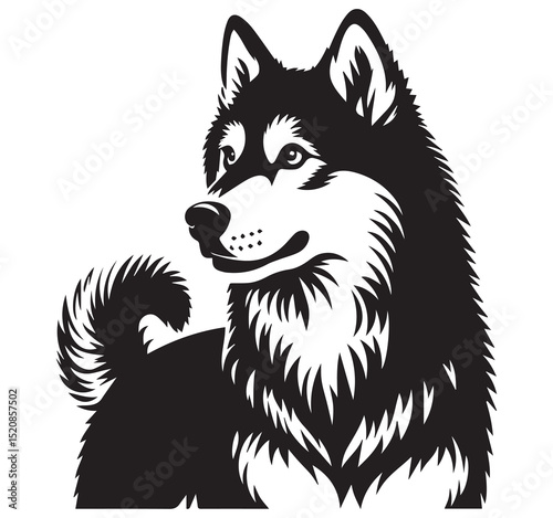 Black and White Stylized Husky Dog Graphic Illustration Profile View