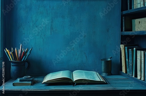 An open book on the desk, with pencils and pens in front of it, against a blue-green wall background.