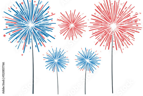 Patriotic fireworks clipart vector illustration, red and blue celebration design element, usa holiday graphic, isolated on transparent background