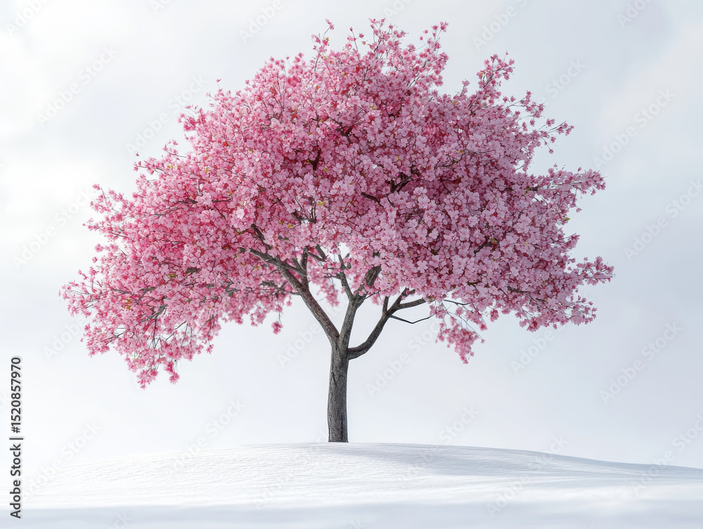 Obraz premium Solitary cherry blossom tree stands gracefully on snowy hill, its vibrant pink flowers contrasting beautifully against white landscape, evoking sense of serene beauty