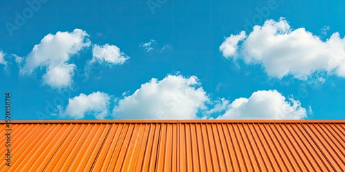 An orange metal roof against a blue sky with white clouds, a close-up shot, architectural photography.