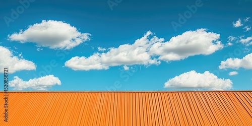 An orange metal roof against a blue sky with white clouds, a close-up shot, architectural photography.