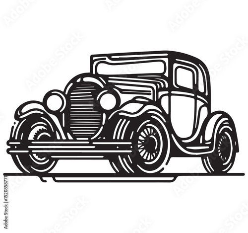 Vintage 1930s Classic Old Car Black White Line Art Illustration Drawing