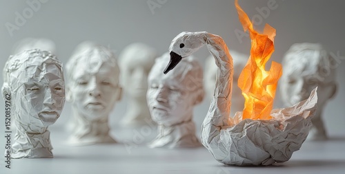 An origami swan made of crumpled paper, burning in flames, surrounded by several human heads with soft, grey textures.