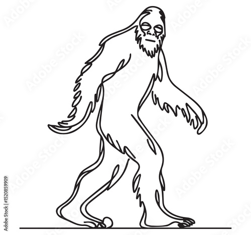 Bigfoot Walking Simple Black and White Line Art Illustration - Cryptid Drawing