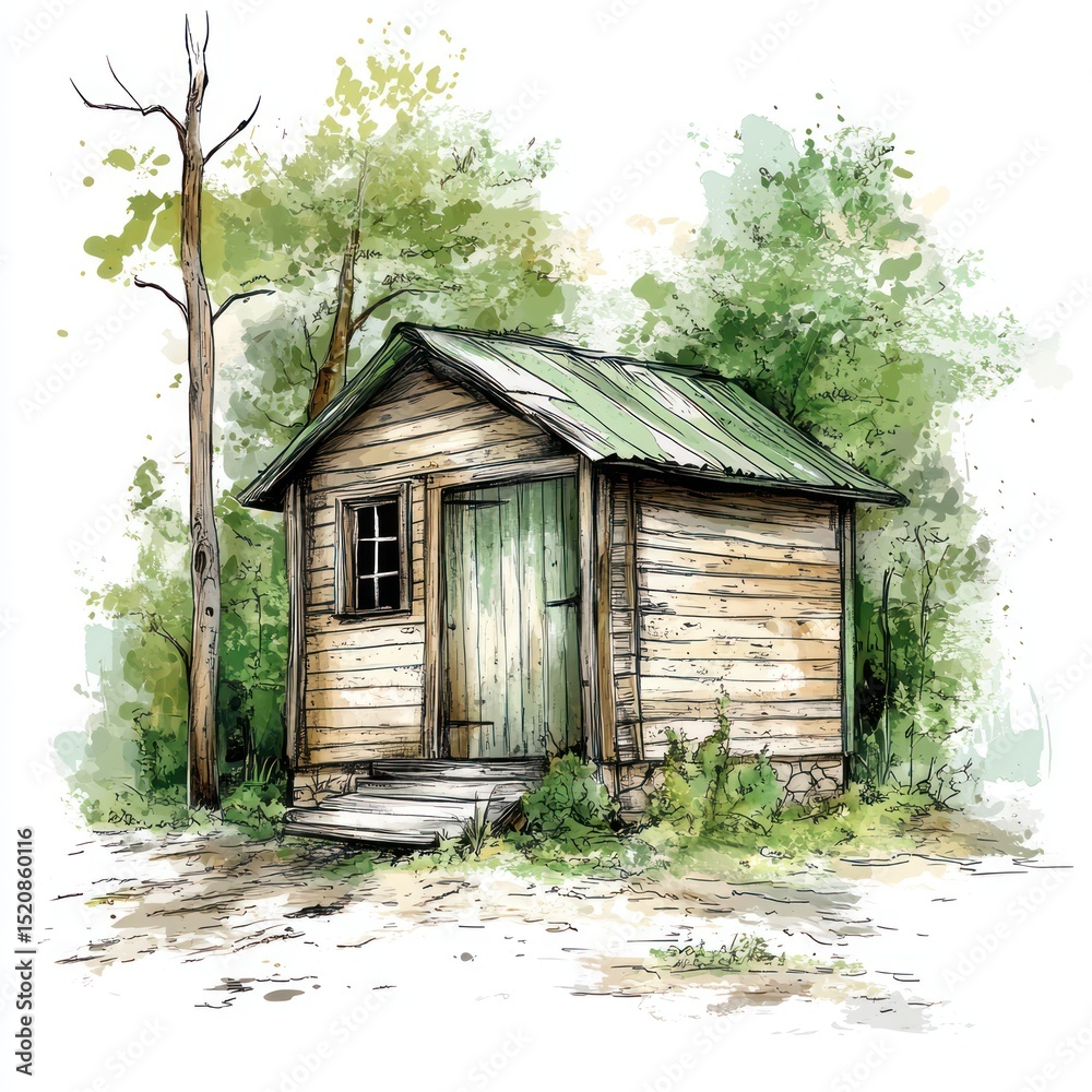 Obraz premium A Rustic Wooden Cabin Nestled in a Verdant Forest