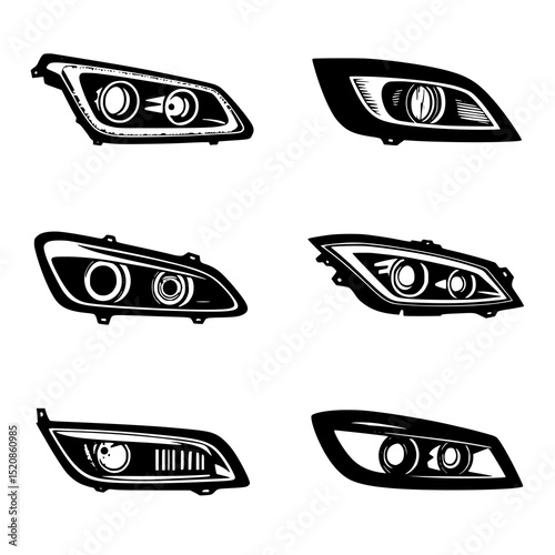 Black and White Car Headlamp Styles – Vintage, Modern, and Concept Car Headlights in Vector Set