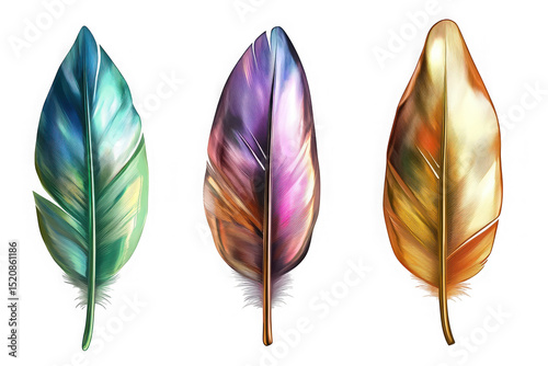Set of three colorful feather illustrations, blue, purple, and gold, detailed plumes, bird wing element, decorative design isolated on transparent background