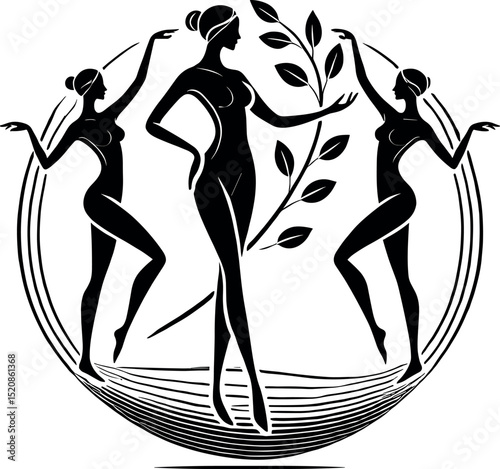 Black-and-white minimalist illustration featuring an elegant oil drop silhouette of a woman holding a branch, surrounded by two graceful figures in a serene wellness and unity theme.

