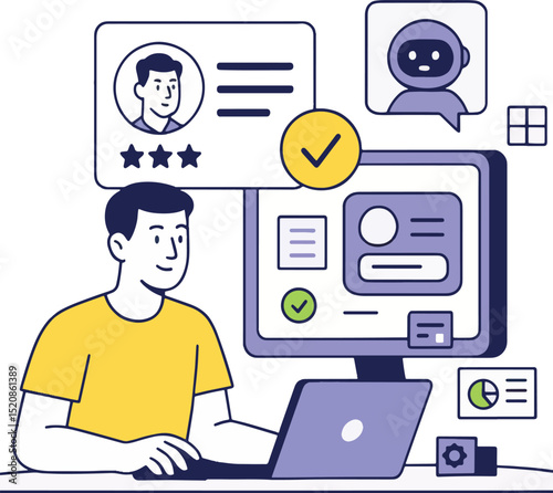 Online Review Vector Illustration. Man Analyzing Online Data.