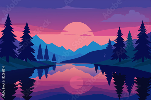 Snowy mountain peaks reflect the fiery sunset over a serene lake, nestled within a foggy winter forest