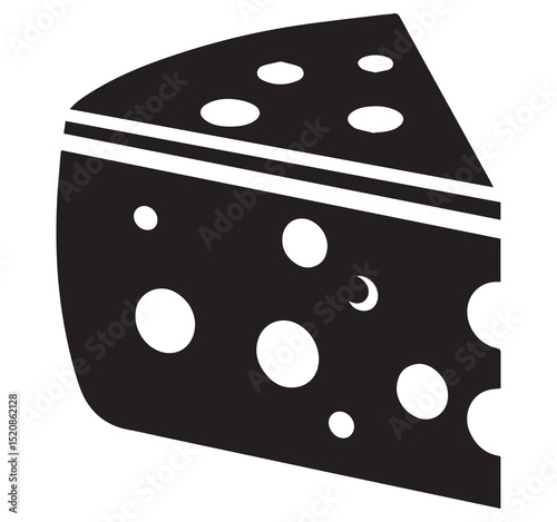 Black and White Graphic Icon of a Delicious Cheese Slice or Wedge with Holes Representing Food or Dairy Products
