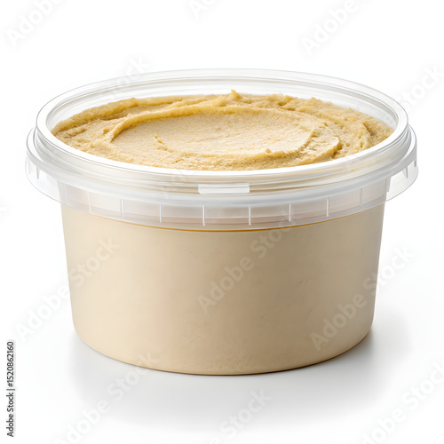Plastic hummus tub mockup with blank label for branding presentation, isolated on white background, ready for packaging design showcase