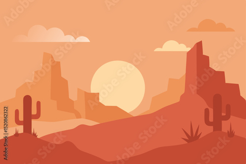Vector illustration of Monument Valley desert landscape at sunset with clouds and distant city silhouette