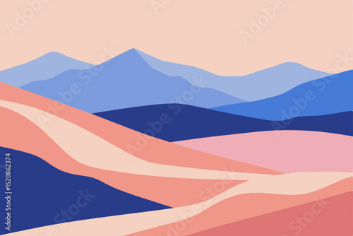 Vector illustration of a vast mountain landscape with misty blue peaks and a vibrant sunset sky