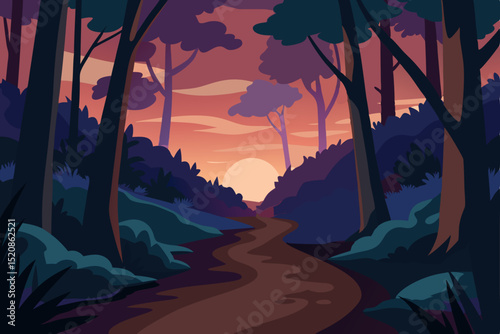 Mountain landscape at dusk, with an orange sunset over a misty river valley