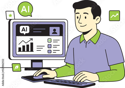 AI Analysis Vector Illustration: Man Using Computer for Data Analysis.