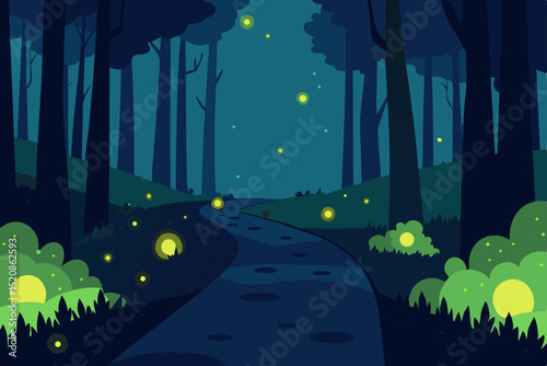 Dark spooky night city landscape vector illustration with moon, stars, and silhouetted trees and houses