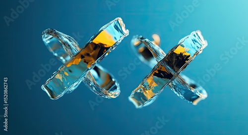 Barret Eisley on a blue background, X-shaped chrome and gold structures floating in the air with two Xs pointing to each other, two double helix strands connecting them.
