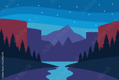 Winter mountain landscape vector illustration with snow-covered trees, houses, and a starry night sky, perfect for Christmas holiday cards and decorations