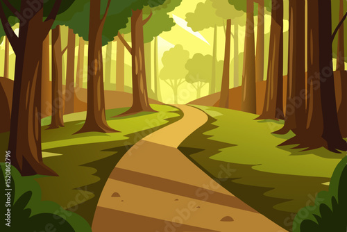 Forest road with autumn trees and sunlight