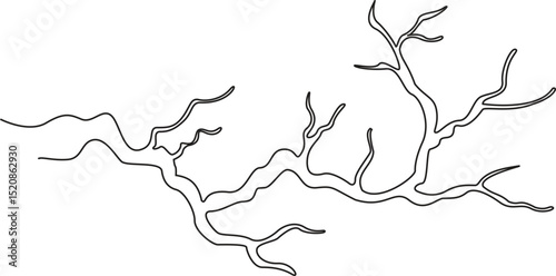 Abstract gnarled branching bare branch, tree, continuous single one line art hand drawing sketch logo, Vector Illustration.