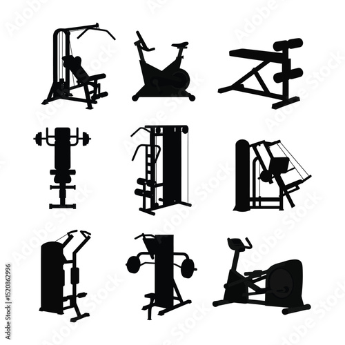 Collection of Fitness Equipment Silhouettes with white background .