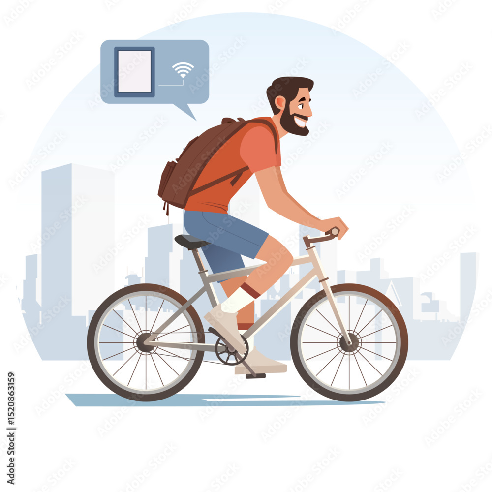 Fototapeta premium Digital Nomad Biking Through City Streets with Laptop and Backpack