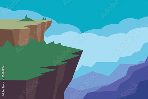 Vector illustration of a summer mountain landscape with trees, ocean, and a boat under a sunny sky with clouds